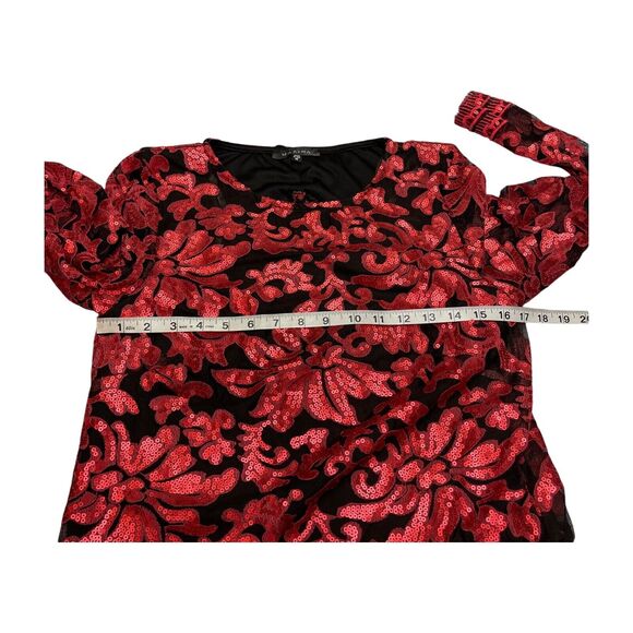 Marina Swirl Mesh Blouse Women's Medium Red Black Sequin Long Sleeve Cropped Top - Picture 5 of 8